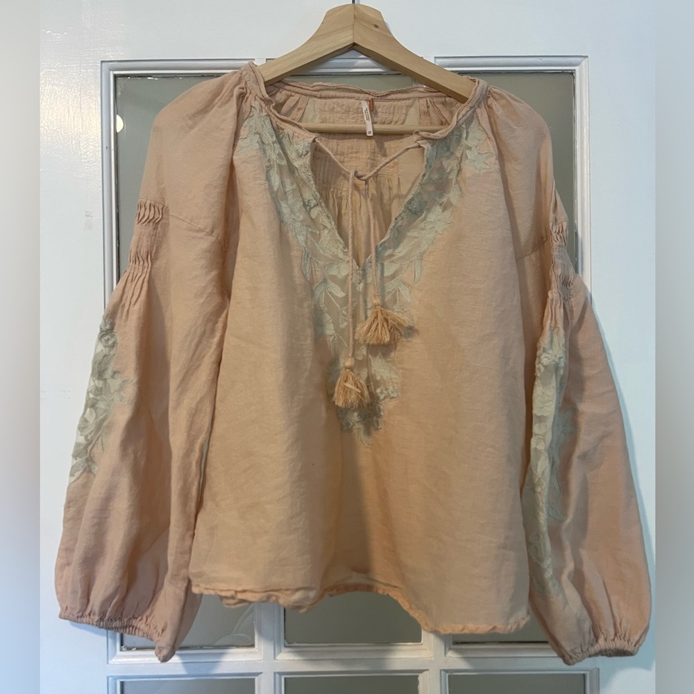 Free People Tan and Green Tie Front Blouse
